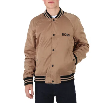 Hugo Boss Men's Medium Beige Stripes And Branding Satin Bomber Jacket In Brown