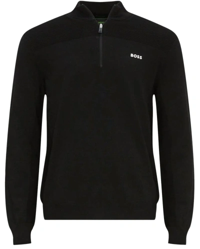 Hugo Boss Cotton-blend Zip-neck Sweater With Logo Print In Black