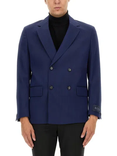 HUGO BOSS MEN NAVY BLUE SOLID BLAZER