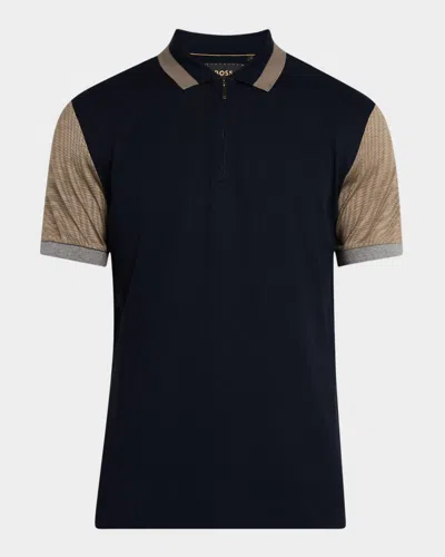HUGO BOSS MEN'S PARKAU COTTON AND SILK QUARTER-ZIP POLO SHIRT