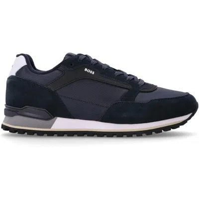 Hugo Boss Suede-trimmed Mesh Sneakers In Blu