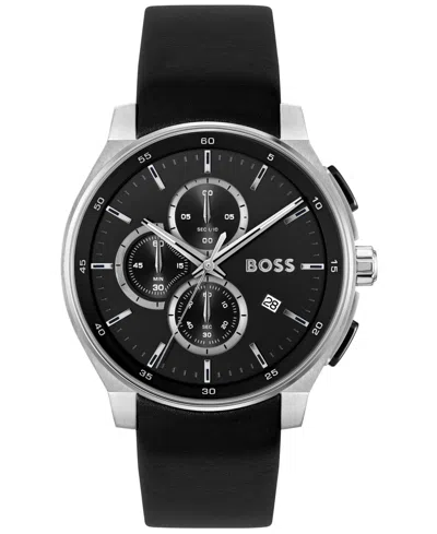 HUGO BOSS MEN'S PEAK 2.0 QUARTZ CHRONO BLACK LEATHER WATCH 45MM