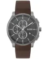 Hugo Boss Gray-plated Chronograph Watch With Leather Strap Men's Watches In Brown