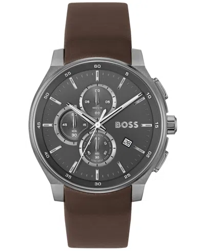 Hugo Boss Grey-plated Chronograph Watch With Leather Strap Men's Watches In Assorted-pre-pack