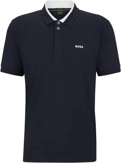 Hugo Boss Stretch-cotton Polo Shirt With 3d-stripe Collar In Dark Blue