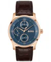 Hugo Boss Men's Principle Master Quartz Multifunction Brown Calfskin Watch, 41mm In Brown