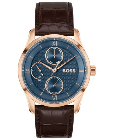Hugo Boss Men's Principle Master Quartz Multifunction Brown Calfskin Watch, 41mm
