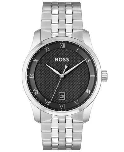 HUGO BOSS MEN'S PRINCIPLE QUARTZ BASIC CALENDAR SILVER-TONE STAINLESS STEEL WATCH 41MM