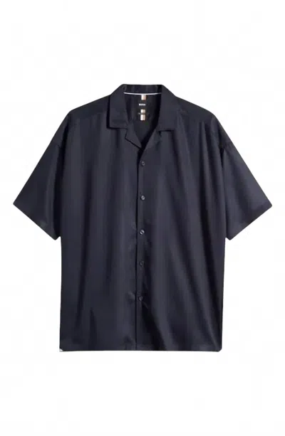 Hugo Boss Boss Drew Solid Lyocell Camp Shirt In Dark Blue