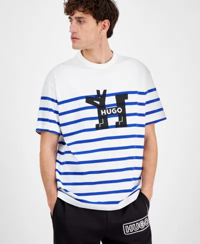 Hugo Boss Men's Relaxed Fit Short Sleeve Striped Crewneck Logo T-shirt In White