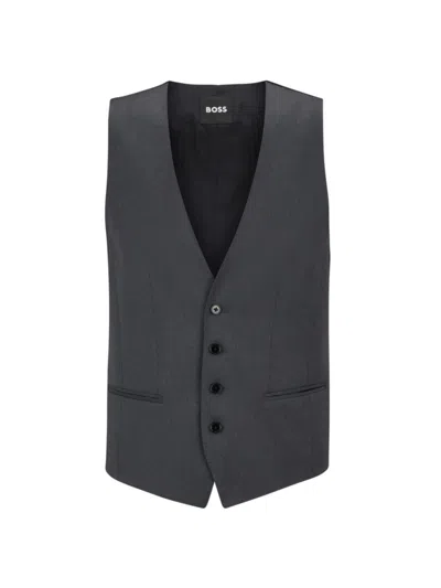 Hugo Boss Men's Single-breasted Waistcoat In Virgin-wool Serge In Dark Grey