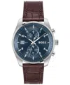 Hugo Boss Blue-dial Chronograph Watch With Alligator-embossed Leather Strap Men's Watches In Brown