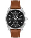 Hugo Boss Men's Skytraveller Quartz Fashion Chrono Brown Leather Watch 44mm In Brown Leather