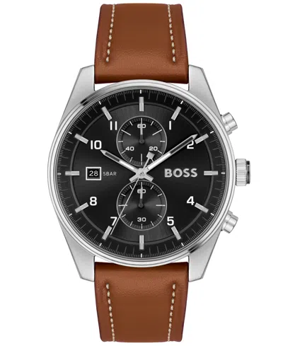 Hugo Boss Boss Men's Skytraveller Quartz Fashion Chrono Brown Leather Watch 44mm In Black/brown