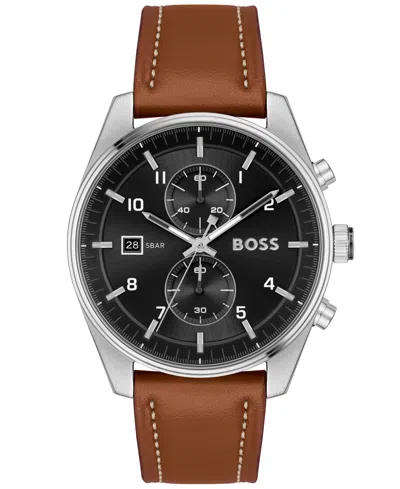HUGO BOSS MEN'S SKYTRAVELLER QUARTZ FASHION CHRONO BROWN LEATHER WATCH 44MM