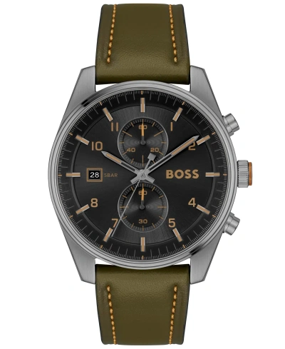 Hugo Boss Men's Skytraveller Quartz Fashion Chrono Green Leather Watch 44mm In Green Calfskin