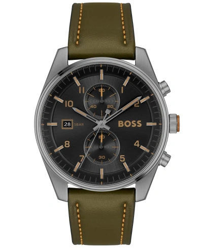 HUGO BOSS MEN'S SKYTRAVELLER QUARTZ FASHION CHRONO GREEN LEATHER WATCH 44MM