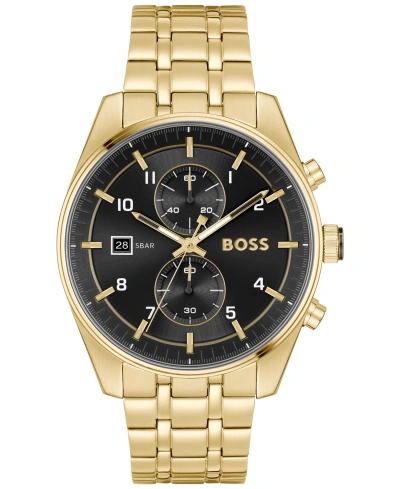 Hugo Boss Boss Men's Skytraveller Quartz Fashion Chrono Ionic Plated Thin Gold-tone Steel Watch 44mm In Black/gold
