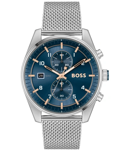 Hugo Boss Men's Skytraveller Quartz Fashion Chrono Silver-tone Stainless Steel Watch 44mm In Blue/silver