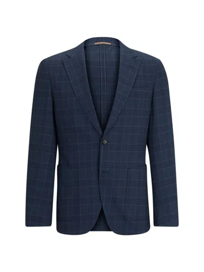 Hugo Boss Boss Huge Dark Blue Plaid Two Button Peak Lapel Stretch Wool Suit