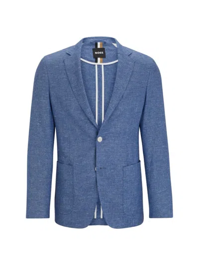 Hugo Boss Men's Slim-fit Jacket In A Micro-patterned Linen Blend In Blue