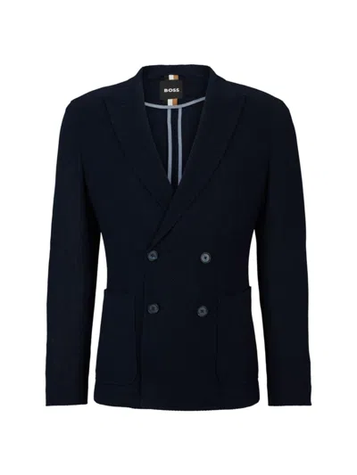 Hugo Boss Slim-fit Jacket In Micro-patterned Cotton In Dark Blue