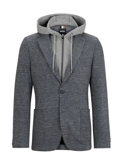Hugo Boss Slim-fit Jacket In Stretch Jersey With Detachable Hood In Silver