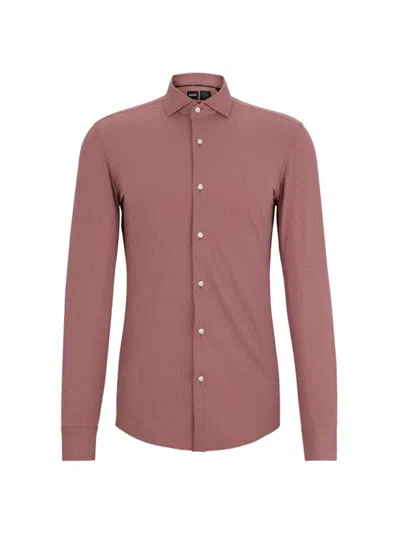Hugo Boss Slim-fit Shirt In Printed Performance-stretch Fabric In Brown