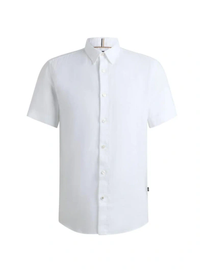 Hugo Boss Roan Short Sleeve Stretch Linen Blend Button-up Shirt In White