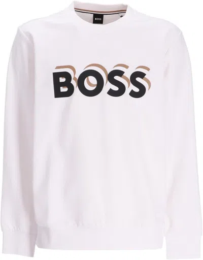 HUGO BOSS MEN'S SOLERI LOGO CREW NECK SWEATSHIRT, WHITE