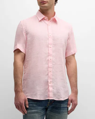 Hugo Boss Men's Solid Linen Short-sleeve Leisure Shirt In Open Pnk