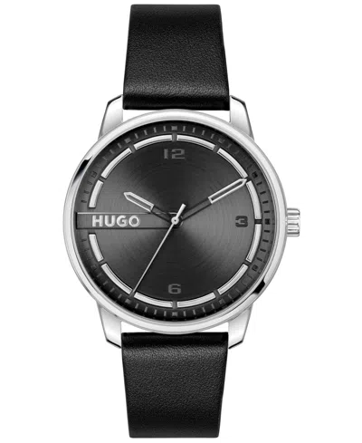 Hugo Boss Men's Stamp Quartz Basic Black Leather Watch 42mm In Black,brown