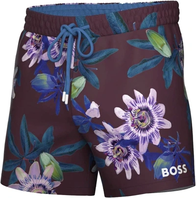 HUGO BOSS MEN STANDARD PIRANHA EGGPLANT FLORAL DRAWSTRINGS SWIM SHORT TRUNKS