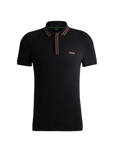 Hugo Boss Men's Stretch-cotton Polo Shirt With Stripes And Logo In Black