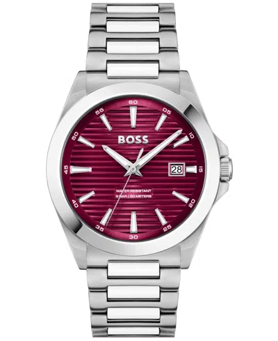 Hugo Boss Men's Strike Quartz Basic Calendar Stainless Steel Watch 41mm In Red/silver