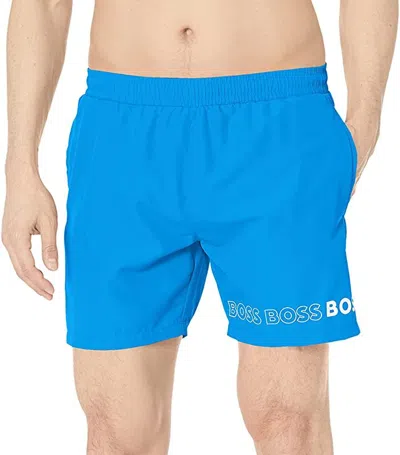 HUGO BOSS MEN SWIM TRUNK SHORTS STANDARD VERTICAL LOGO BRILLIANT BLUE DOLPHIN