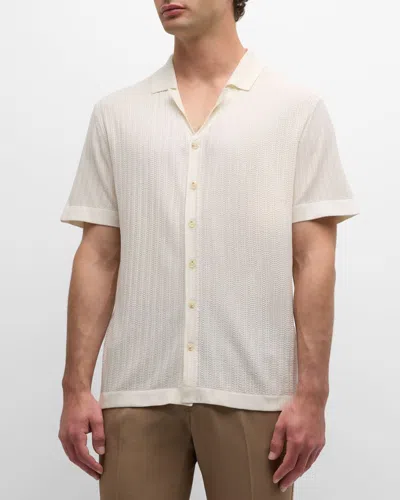 Hugo Boss Men's Textured Silk Short-sleeve Knit Button-front Shirt In Wht