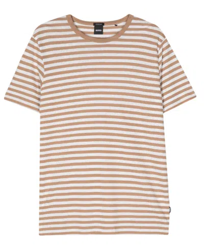 Hugo Boss Men's Tiburt 457 Striped Linen Short Sleeve Crew Neck T-shirt, Beige/white In Multi