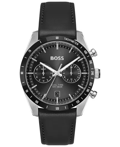 Hugo Boss Men's Tourmaster Quartz Multifunction Black Calfskin Watch, 41mm
