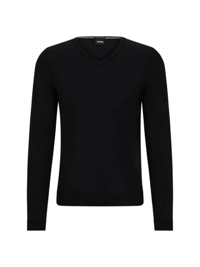 Hugo Boss Men's V-neck Slim-fit Sweater In Virgin Wool In Black