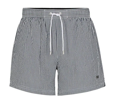 Hugo Boss Men's Velvetfish Black Striped Seersucker Swim Trunks In Risca Blue 413