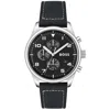 Hugo Boss Men's View Black Genuine Leather Strap Watch, 44mm In Black