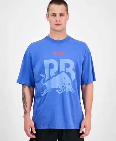 Hugo Boss Men's Washed Fanwear Oversized Short Sleeve Crewneck Bull Graphic T-shirt In Blue