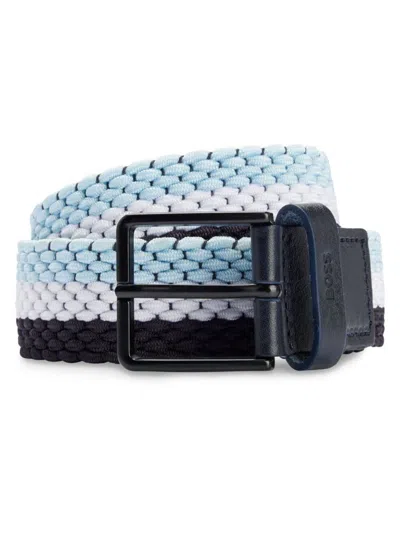 Hugo Boss Woven Belt With Leather Trims And Contrasting Color Detail In Light Blue