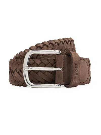 Hugo Boss Woven-suede Belt With Branded Keeper And Polished Hardware In Dark Brown