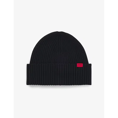 HUGO BOSS MENS BLACK BRAND-PATCH WOOL-BLEND BEAN
