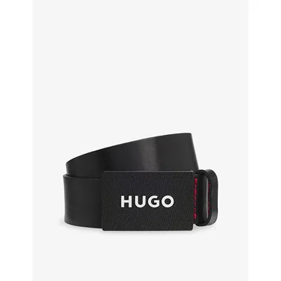Hugo Boss Mens Black Branded Plaque Leather Belt
