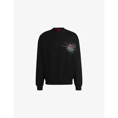 HUGO BOSS MENS HUGO BRANDED-PRINT CREWNECK COTTON-JERSEY SWEATSHIRT