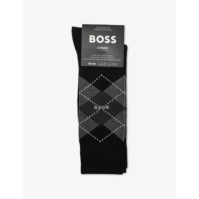 Hugo Boss Mens Boss Crew-length Intarsia-branding Pack Of Two Cotton-blend Socks In Black
