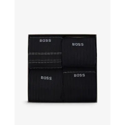 Hugo Boss Mens Crew-length Ribbed Pack Of Three Cotton-blend Socks Black